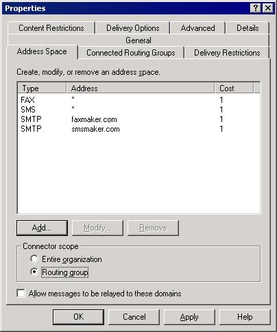 Screenshot 6: The address space tab 9. In the Connector scope section, select Routing group. 10. Click OKto create the connector. 3.1.6 Microsoft Exchange cluster To install GFI FaxMaker in a Microsoft Exchange cluster environment: 1.