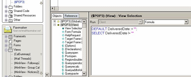 Screenshot 19: Delete lines from $POP view 6. Save and exit Domino Designer. Step 5: Add the FAX Foreign Domain 1. Load Domino Administrator. 2. Select Configuration tab and select Messaging\Domains.