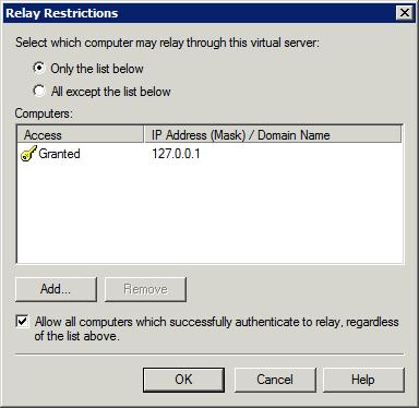 Screenshot 20: Relay restrictions dialog 4. Select Only the list below and click Add. 5. Select Single computer and in the IP address field specify the Lotus Domino/Notes Server IP address. Click OK.