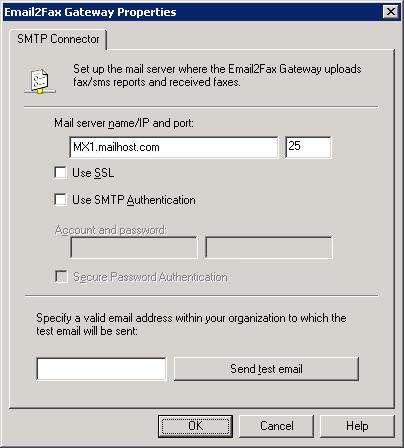 Screenshot 29: Email2Fax configuration NOTE When sending emails to your organization users, for example when notifying administrators of system errors, GFI FaxMaker sends the email from the email