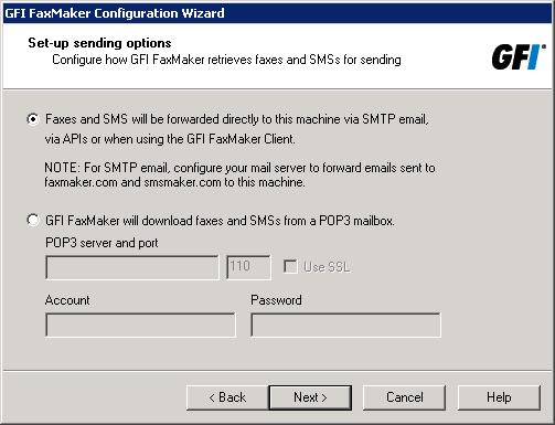 Screenshot 33: Setting up the sending options 3. When GFI FaxMaker is not installed on the same machine running Microsoft Exchange 2003 or higher, configure mail server options.