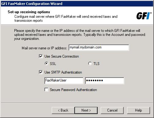 Screenshot 34: The wizard will prompt you for a mail server name 4. Specify mail server details where GFI FaxMaker forwards received emails.
