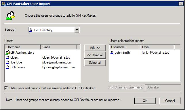 Screenshot 54: Importing users from GFI Directory Right-click Licensed users and select Import users. From Source, choose from where to get the users to import.
