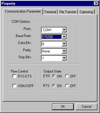 The Communication Parameter page of the Property window