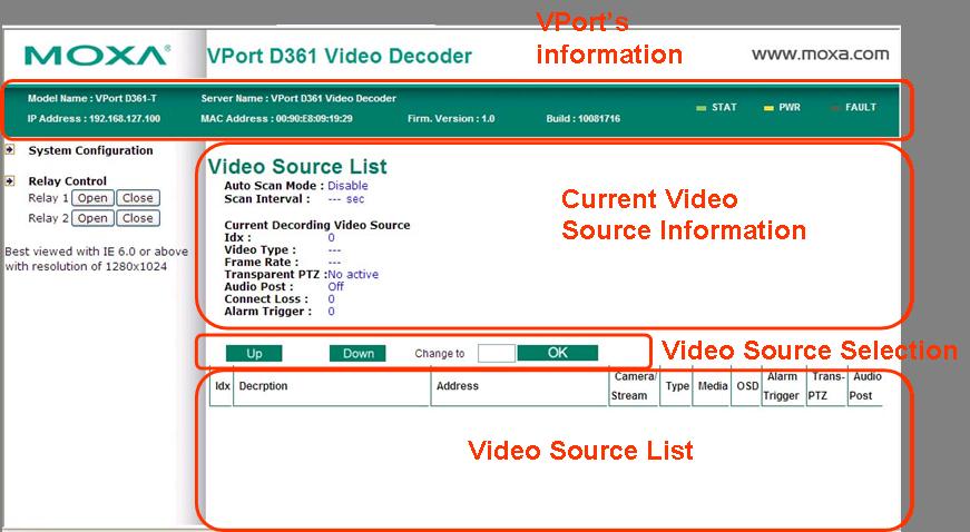 Accessing Port D361 s Web-based Manager Functions Featured on the VPort s Web Homepage The homepage of the VPort s Web-based Manager shows basic information about the VPort, camera image view, and