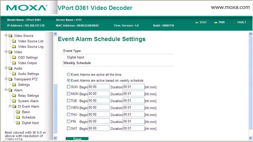 System Configuration Schedule A schedule is provided to set event alarms for daily security applications.