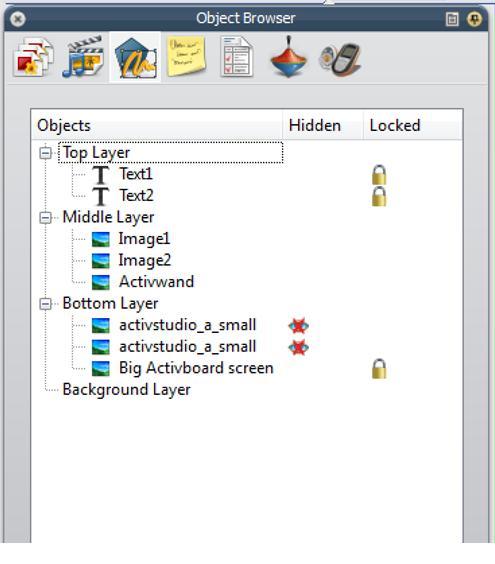 Here s an up close look at the Object Browser for the previous page. These objects are locked on the flipchart page. To unlock, click on the lock next to the object.