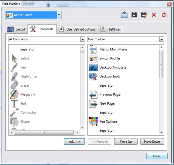 COMMANDS TAB The Command Tab used to be called the Toolstore. To create a profile, start with any created profile. Open a profile Save a changed profile Save a new profile 1. Delete a profile 2. 3. 4.
