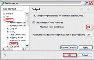 In the Output pane, set the Maximum rows to retrieve value to five,