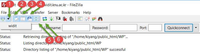 SFTP Client: FileZilla displays saved site profile toggles the display of the message log toggles the display of the local directory tree