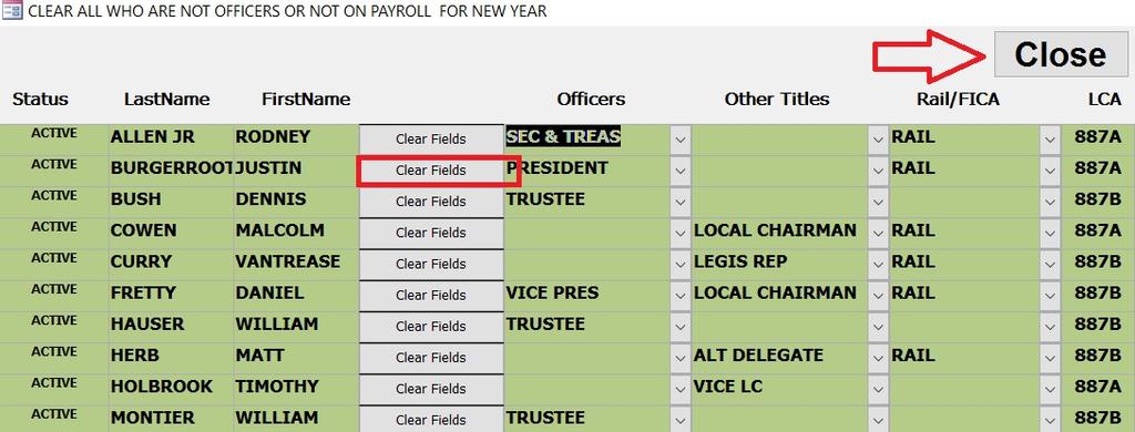 30. Once the New Year Setup process is finished you will have a chance to clear out the old officers who are no longer in office or have changed positions. Click OK. 31.