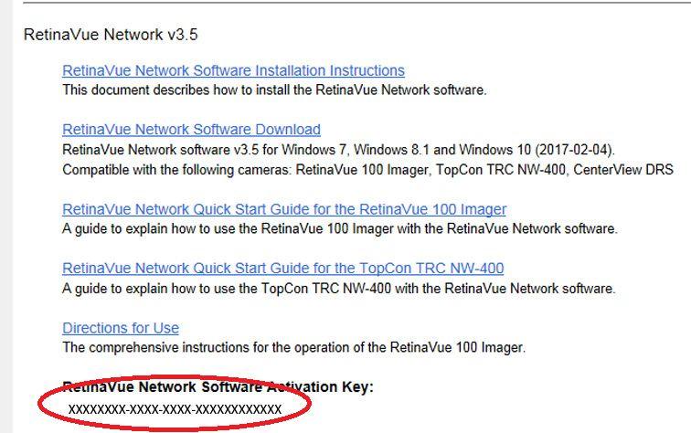 Enter your RetinaVue Network Software Activation Key from the RetinaVue Network Customer Portal Installers page into