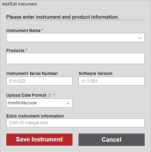 Click Edit next to the instrument that needs to be updated. Figure 17 4. Modify the information, and click Save Instrument when finished. 5.