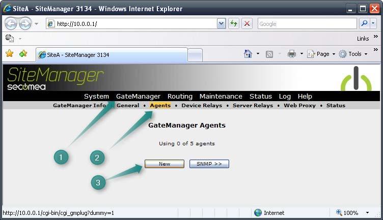 LinkManager User 24. In the SiteManager GUI, select menu GateManager Agents, and click New: 25.