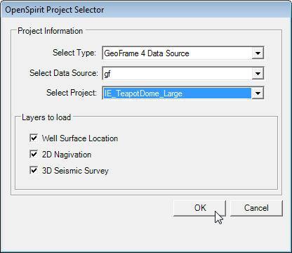 Add well, seismic, and interpretation data to the map 19 Select the desired data store type, data source, and if applicable, project.