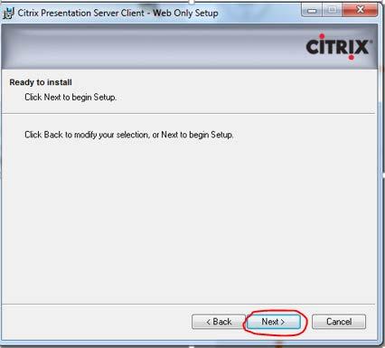 Click Next again to begin the Setup of the Citrix client page