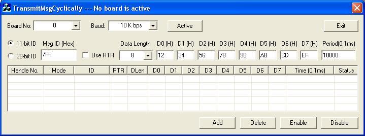TransmitMsgCyclically: Figure 6.6 Dialog of TransmitMsgCyclically Demo Program The dialog is shown as figure 6.6. Firstly, select board No.