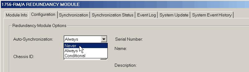 ControlLogix Enhanced Redundancy System, Revision 16.081_kit4 65 4. From the Auto-Synchronization pull-down menu, choose Never. 5. Click Apply, and then click Yes. 6. Click the Synchronization tab. 7.
