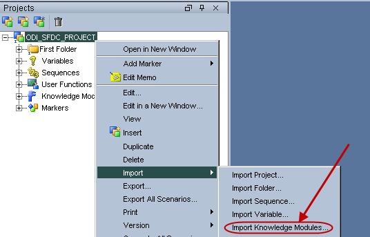 IMPORT THE KNOWLEDGE MODULES Right-click on the main project you have just created and choose the Import Knowledge Modules option from Import sub-item.