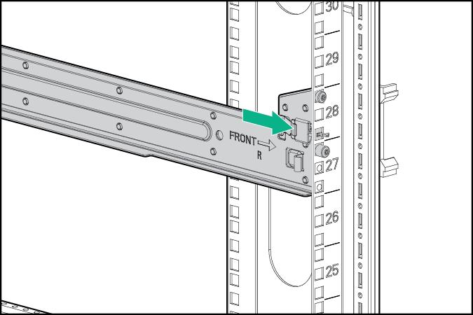 4. Use guide pins to align the shelf mount kit to theeia column holes. 5. To engage the rail to the rear of the rack, push the rail toward the back of the rack until the spring hook snaps into place.