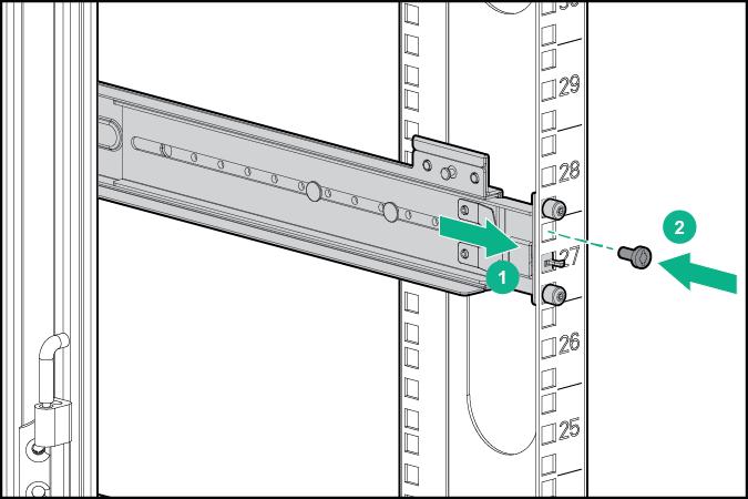 8. Secure the front of the rail to the front EIA column using the flat securing screw/guide pin (provided in the package) in the bottom screw position of the rail.