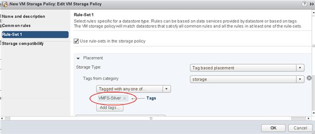 Similar to the storage capabilities and characteristics, all tags associated with the datastores appear in the VM Storage Policies interface.