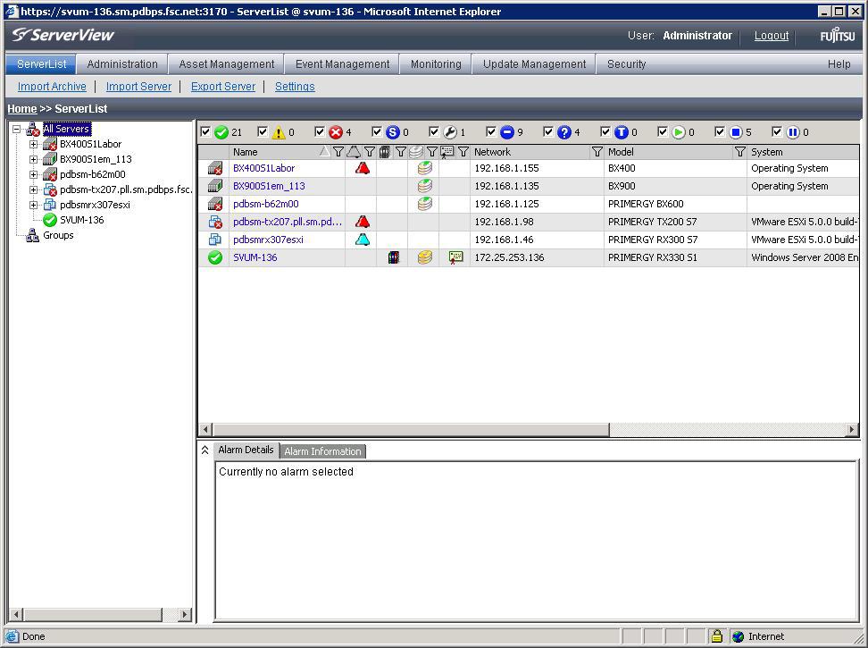 Configuration/Operation Starting the ServerView management consoles Figure 36: ServerView Operations Manager (ServerList) ServerView Operations Manager displays the list of all PRIMERGY servers it