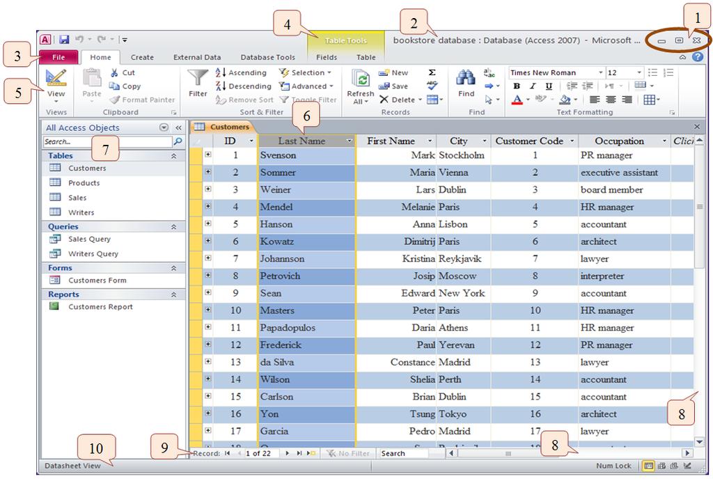 MICROSOFT ACCESS 2010 INTERFACE ELEMENTS 1. Buttons to manipulate the window - minimize, maximize, close window 2. Title Bar - contains name of the document and the name of the program 3.
