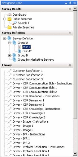 Interaction Feedback Help The Interaction Feedback navigation pane provides easy access to its survey features in the following navigation panes: Survey Results, Survey Definition, and Library.