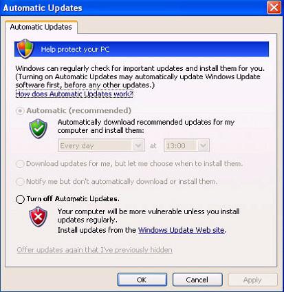 4 Choose one of these settings: Turn off Automatic Updates or Download updates for me, but let me chose when to install them. Figure 31 Automatic Updates.