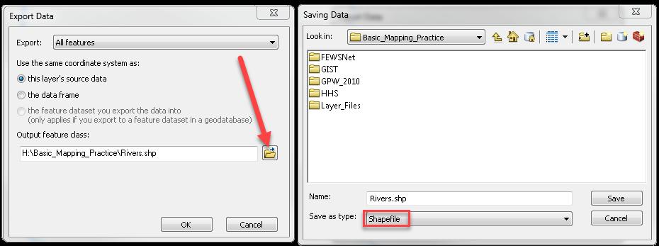 Navigate to your H Drive Basic_Mapping_Exercise folder. Name the new shapefile Rivers and make sure to change the save as type to a shapefile. Press ok and then Ok again.