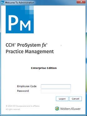 To log on AFTER you have set up your firm and employees 1. When you select CCH ProSystem fx Practice Management, the Logon window appears. 2.