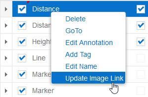 Changing workspace details TO UPDATE THE IMAGE LINK: 1. In the Workspace pane, right-click the annotation you want to update and select Update Image Link from the list.