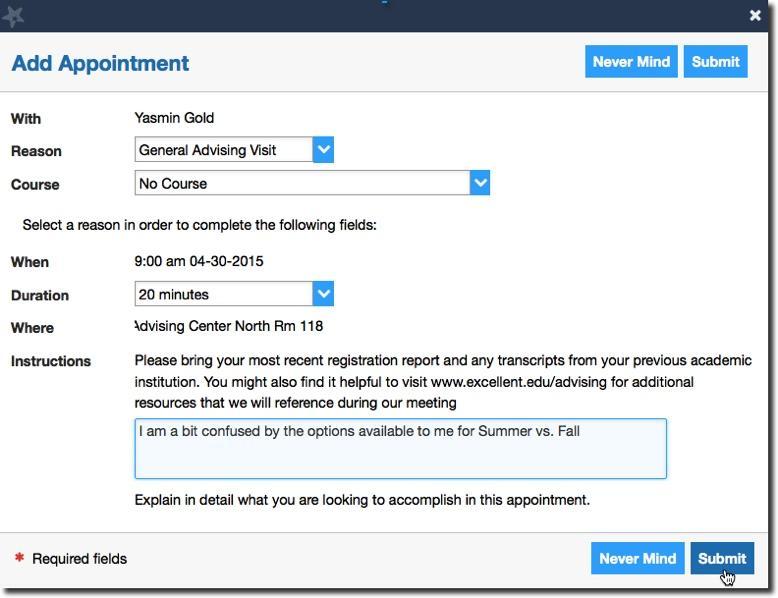 Click Submit to set the appointment. You will get an email with the appointment details and the appointment will be listed on your Dashboard.