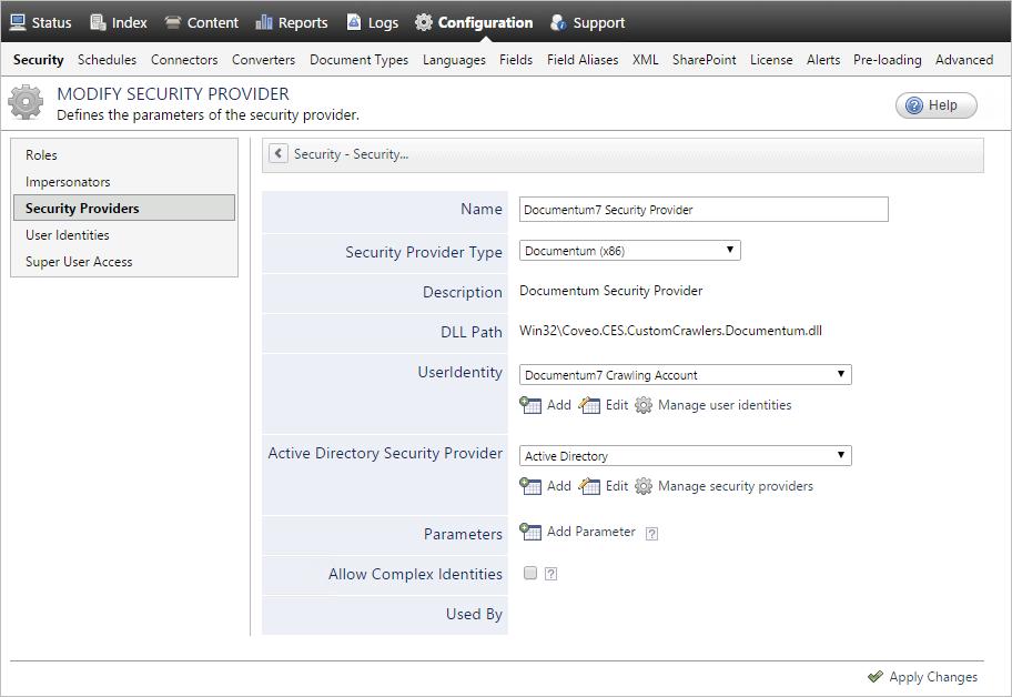 5. Configuring an EMC Documentum Security Provider When you choose to index permissions associated with EMC Documentum items, the Coveo connector needs a security provider.