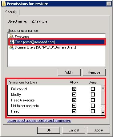 7. Select Full control option from the Symantec Enterprise Vault permissions dialog window as shown in the Figure 16 and click Apply button