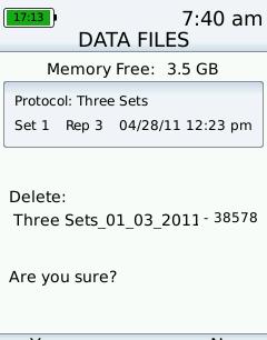 re-indexed and the data files screen is displayed. The time to delete a file is proportional to the size of the file. Buttons on the device are disabled while a file is being deleted.