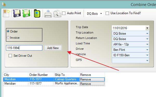To add an order to the trip from the combine screen enter or scan the order/invoice number and choose add new.