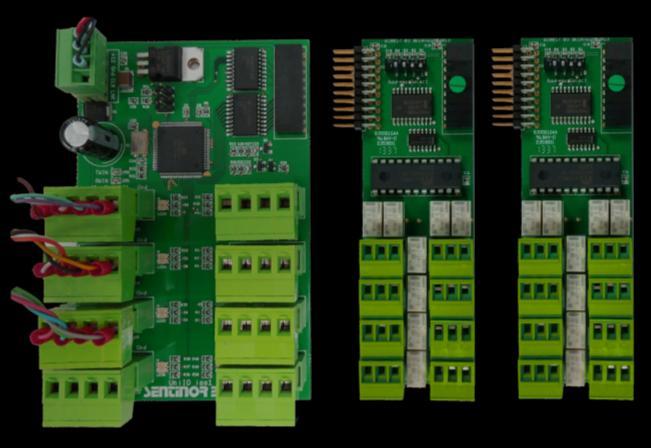 The Relay-out cards which plug into the analytics in connect-thru chains. The output cards are configurable using toggle switches.