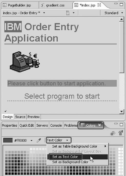 2. Select the company text (IBM) you want to change color on, by selecting the text area with the mouse cursor. 3. Under the Design page, select the Colors tab. 4.