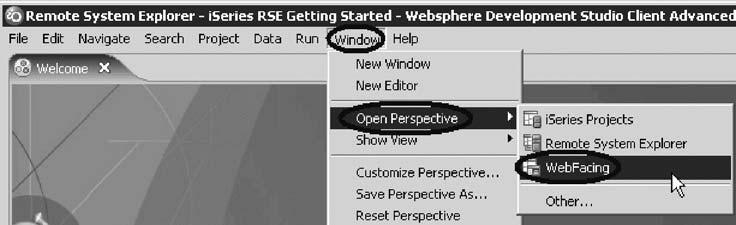 To open the WebFacing perspective: Click Window > Open Perspective >