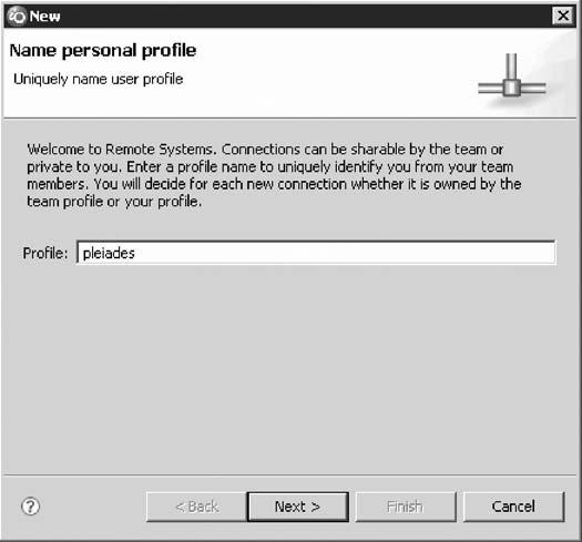 b. Accept the default profile name as this is your own private connection. c. Click Next. The Remote iseries System Connection page opens. d. In the Host name field, type the name of the host system, for example s400a.