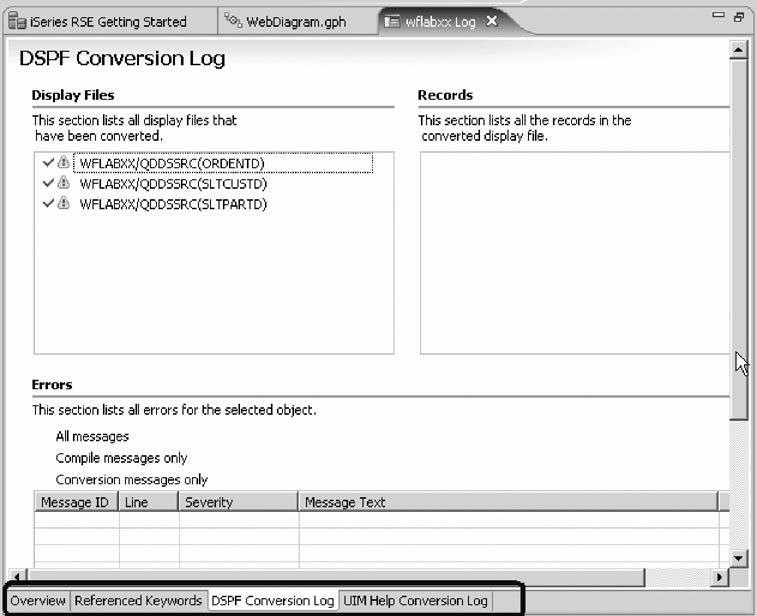 Checking the conversion logs Notice the conversion log in the right pane of the workbench. To check the conversion log: 1. Click the Overview tab. 2. Click the Reference Keywords tab. 3.