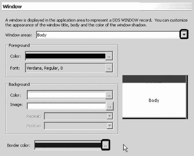 6. On the Color Chooser dialog, click red. 7. Then click OK in the Color Chooser dialog. The Window Properties page reappears. 8. Click the.. push button to the right of the Font field. 9.