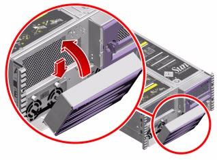 3. Insert the two tabs on the fan tray frame into their corresponding slots on the front of the chassis. Chassis slots Fan tray tabs a.