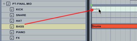 Now simply click and drag the BASS MIDI track over to the beginning of the existing 1 Bass Sub track: