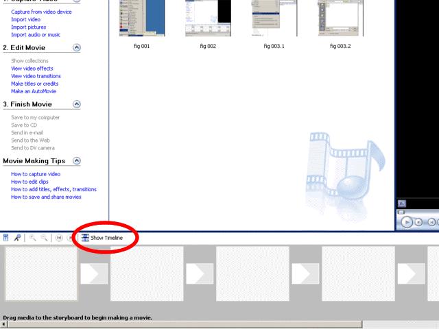 Figure 3.3 Inserting Images into TimeLine: 1. If you are in storyboard view, click on the Show Timeline button to change the interface.
