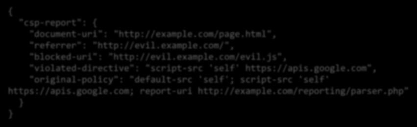 example.com/evil.js", "violated-directive": "script-src 'self' https://apis.google.com", "original-policy": "default-src 'self'; script-src 'self' https://apis.