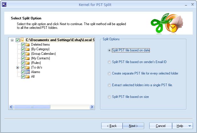 4. After selecting the PST file to split and specifying the password (if required), click the Next button to continue. The Select Split Option page appears: Figure 4.
