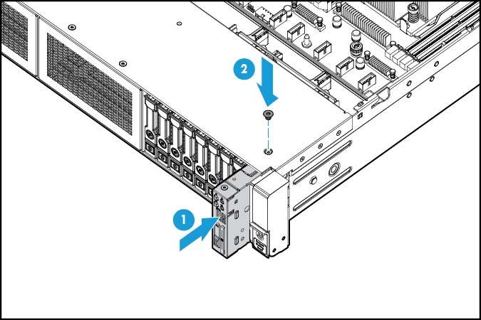 8. Route the cable through the opening in the front of the server, and then install the SID power switch module. Secure the module using the existing screw. 9.